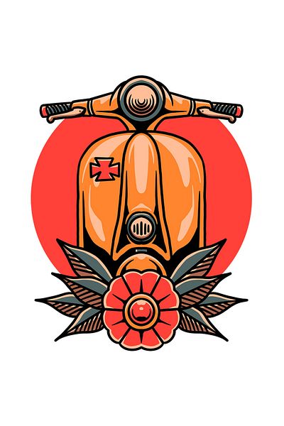 StoryGift Romania Sticker Adeziv 90CM Cu Scooter, Floare, Vintage, Cerc, cu Margini Albe, PVC Vinyl 90 cm