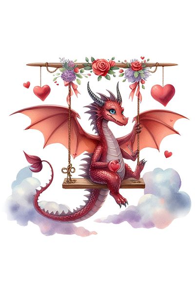 StoryGift Romania Sticker Autocolant 70CM cu un dragon care se da in leagan, ilustratie, inimioare, floricele, a