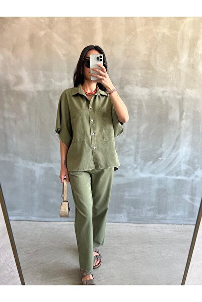 manana fashion Σετ Παντελόνι και Πουκάμισο Χακί Γαμπαρντίνα Casual