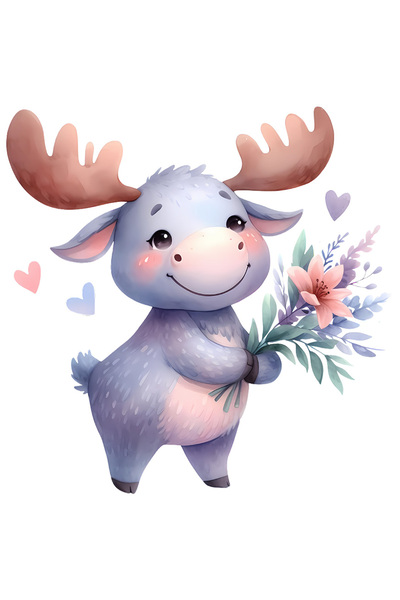 StoryGift Romania Sticker Eticheta 40CM cu un elan vesel care tine un buchet ...