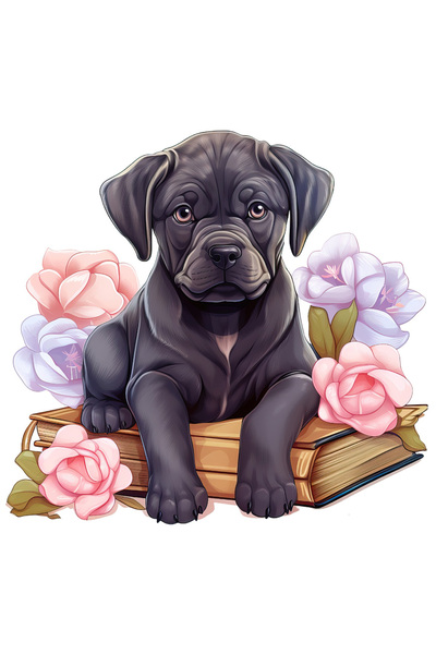 StoryGift Romania Sticker Eticheta 50CM cu un catel negru care sta pe o carte...