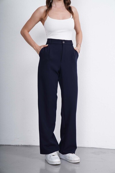 neroverde Navy Blue High Waist Front Pleated Palazzo Trousers