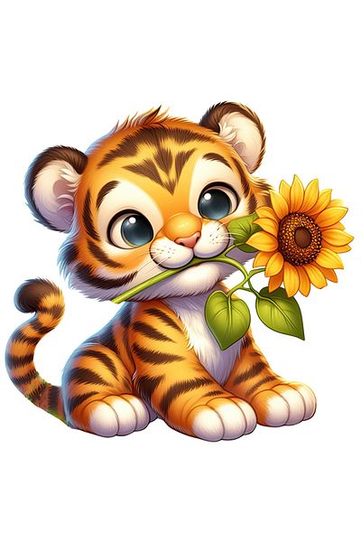 StoryGift Romania Adhesive Sticker 90CM with a tiger cub holding a flower, illustration, sunflower, happy