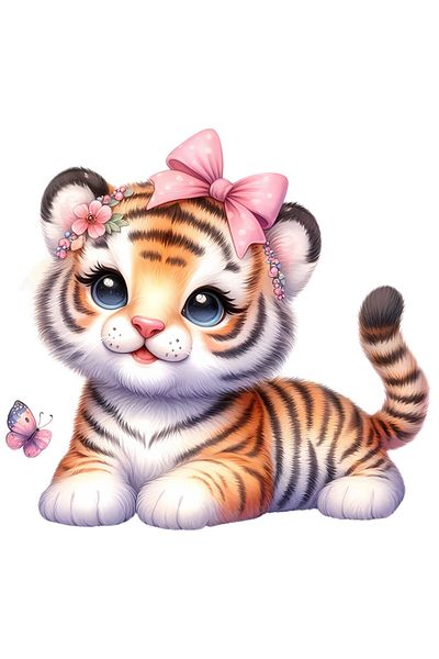 StoryGift Romania Adhesive Sticker 90CM with a female tiger, illustration, little, cheerful, happiness, butterfly, nature,