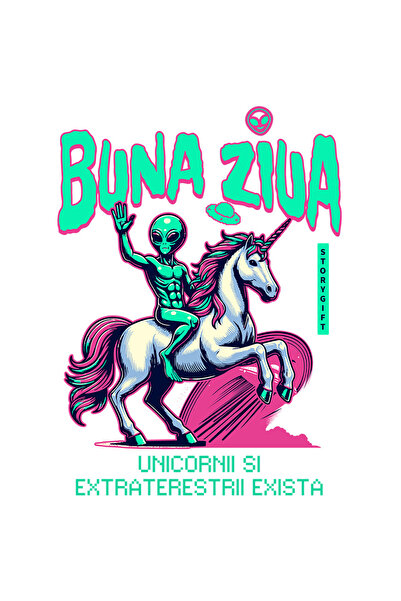 StoryGift Romania Sticker Adeziv 90CM cu Extraterestru pe Unicorn Text Buna Z...