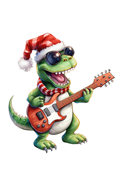 StoryGift Romania Sticker Cu Un Dinozaur Verde, T-rex, Canta La Chitara, Caciula, Talent, Instrument Muzical