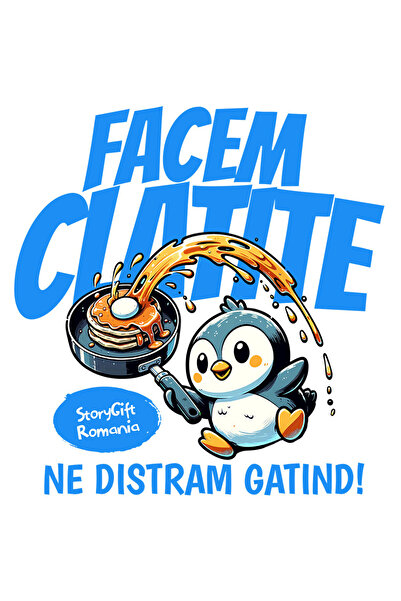 StoryGift Romania Sticker Eticheta 40CM cu Pinguin In Bucatarie Cu Tigaie Cla...