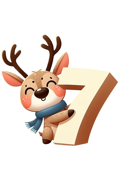 StoryGift Romania Sticker Eticheta 40CM cu un ren care tine cifra "7", scoala, matematica, invata, elevi, animal