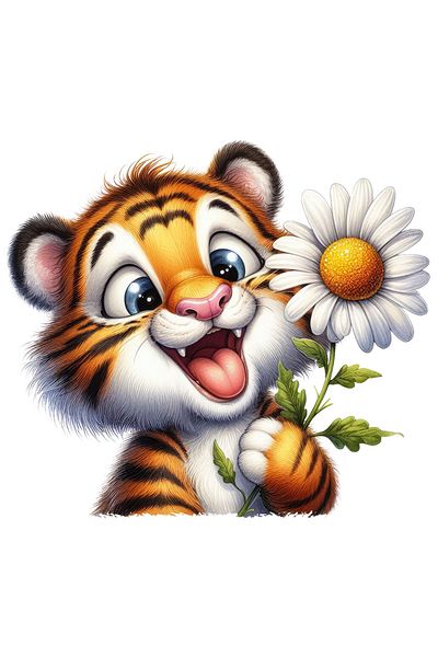 StoryGift Romania Sticker Label 50CM with a playful tiger cub, illustration, holding a white flower, curious, animated