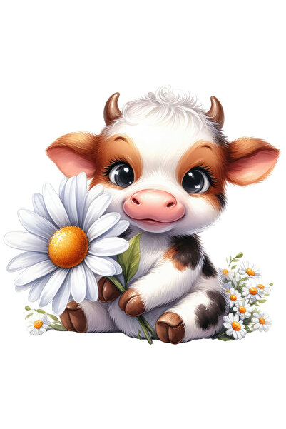 StoryGift Romania Sticker Eticheta 50CM cu o vacuta care tine o floare alba, ...