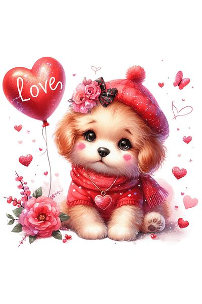 StoryGift Romania Sticker Eticheta 50CM cu o catelusa cu mesajul "Love" scris pe un balon in forma de inima, flo