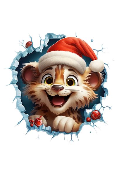 StoryGift Romania Sticker Label 50CM with a tiger cub wearing a Christmas hat sticking its head out of a hole