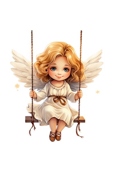 StoryGift Romania Sticker Eticheta 50CM cu o fetita cu aripi de ingeras care se da in leagan, ilustratie, joaca,