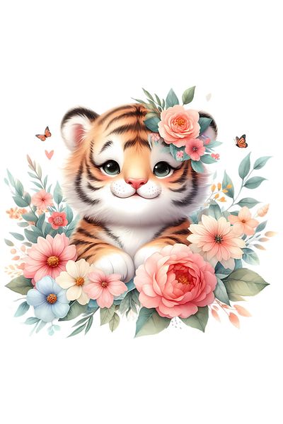 StoryGift Romania Sticker With A Female Tiger, Illustration, Little, Chubby, Flowers, Plants, Nature, Jungle, Apr