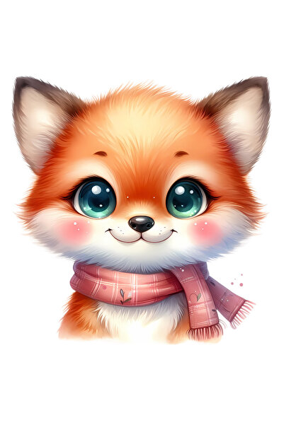 StoryGift Romania Sticker Eticheta 40CM cu o vulpita vesela, ilustratie, are un fular, frig, imbujorata, copilar