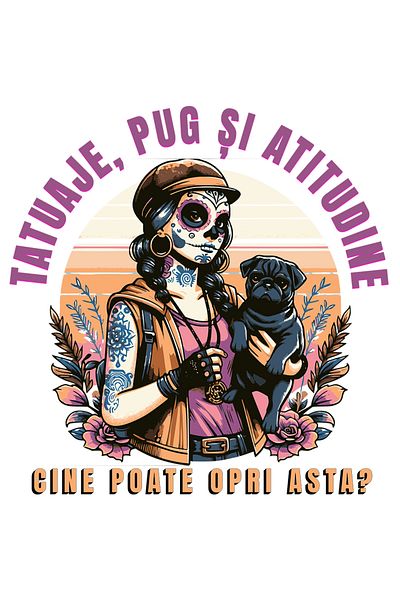 StoryGift Romania Sticker Adeziv 90CM Adeziv Fata Cu tatuaje si Caine Pug Text Haios Cine Poate Opri Asta cu Mar