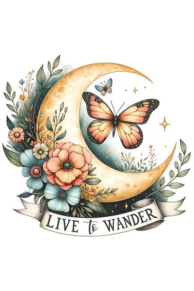StoryGift Romania Sticker Cu Mesajul "live To Wander", Ilustratie, Motivational, Luna, Astre, Flori, Fluture