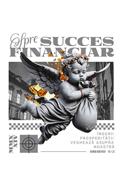 StoryGift Romania Sticker Autocolant 70CM cu Inger cu Sac de bani in zbor, statuie, text Spre succes financiar c