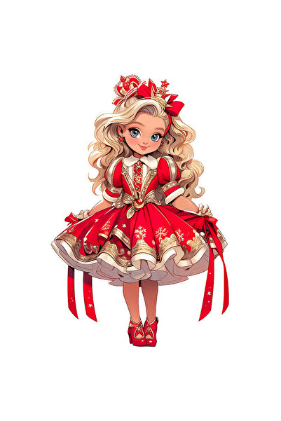 StoryGift Romania Sticker Eticheta 50CM cu o fetita dragalasa, ilustratie, rochie rosie, par blond, bucurie, och