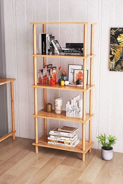 interGO Modern Bookcase With 5 Shelves - Storage Shelving Unit For Home Or Office - Atlantic Pine Pattern