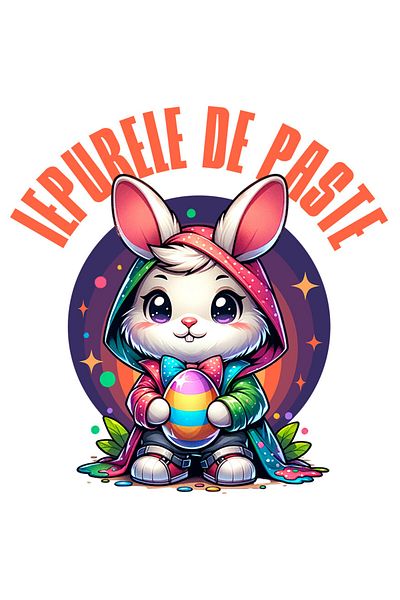 StoryGift Romania Sticker Eticheta 40CM cu Iepure Alb Cu Pelerina Multicolor Si Papion Ou Colorat Text Iepurele
