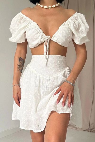 nedo7 Ecru Brode Crop and Mini Skirt Set