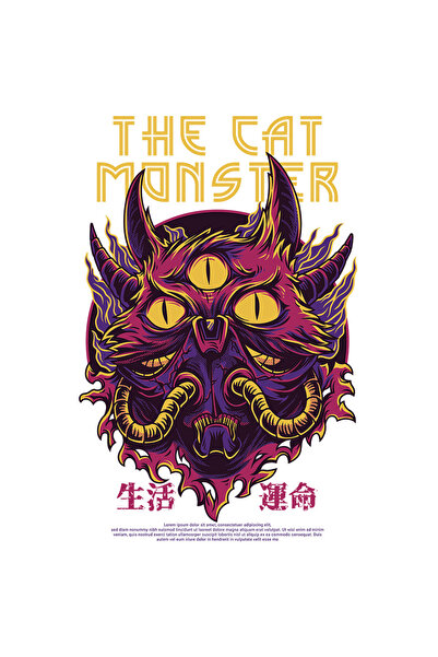 StoryGift Romania Sticker Adeziv 90CM Cu Pisica Monstru Cu Trei Ochii galbeni, Text In Engleza The cat Monster,