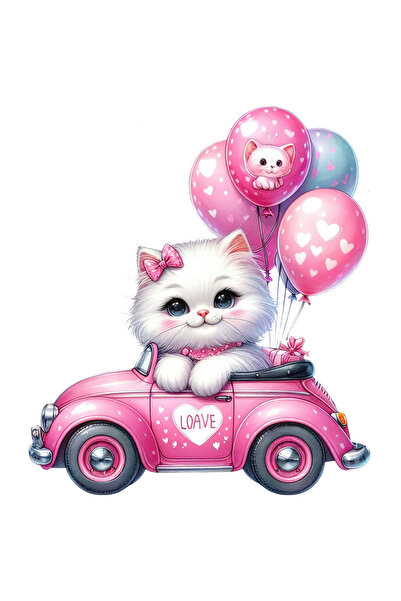 StoryGift Romania Sticker Eticheta 50CM cu o pisicuta imbujorata care se plimba cu o masinuta, baloane cu inimio