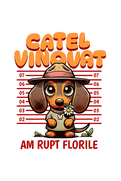 StoryGift Romania Sticker Autocolant 70CM cu Caine Beagle Cu Palarie Roz Si Floare Margareta Arestat Text Catel