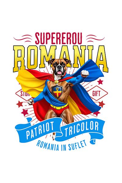 StoryGift Romania Sticker Adeziv 90CM cu Boxer Caine In Costum de Capitan Romania cu Pelerina, Erou Nocturn, Des