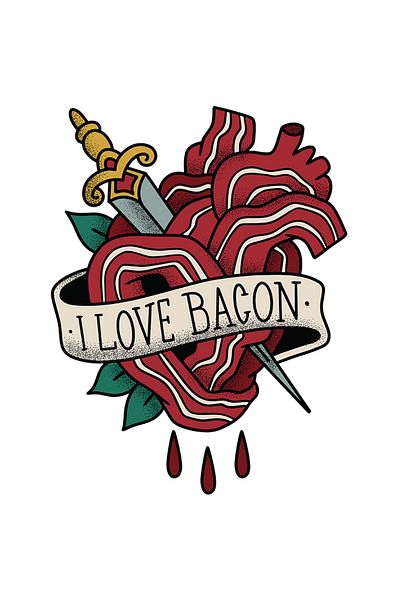 StoryGift Romania Sticker Autocolant 70CM Cu Tatuaj I Love Bacon, Inima, Pumnal, Mancare, cu Margini Albe, PVC