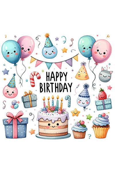 StoryGift Romania Sticker Adeziv 90CM cu un tort si cu multe decoratiuni pentru o petrecere, la multi ani, zi de