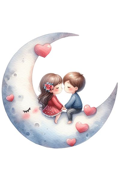 StoryGift Romania Sticker Autocolant 70CM cu o fetita si un baietel care stau pe semiluna, ilustratie, inimioare