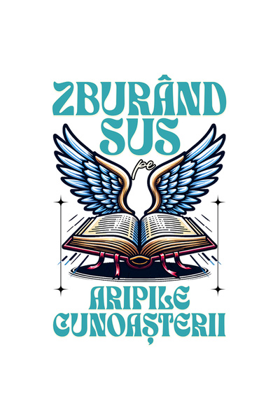 StoryGift Romania Sticker Autocolant 70CM Adeziv Zburand sus cu aripile cunoasterii cu Margini Albe, PVC Vinyl 70 cm