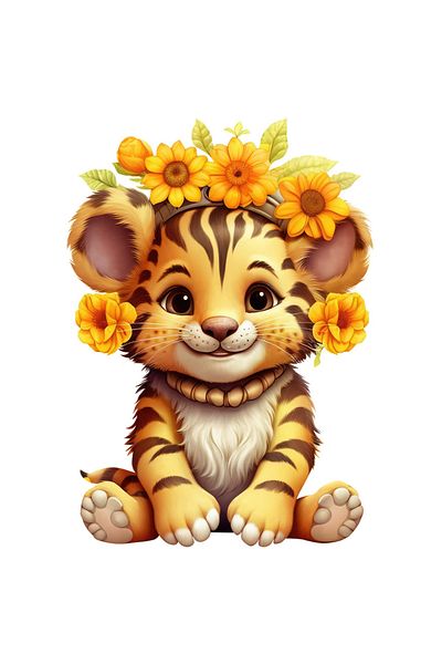 StoryGift Romania Sticker 70CM with a cheerful tiger cub, flowers on its head, sunflowers, nature,