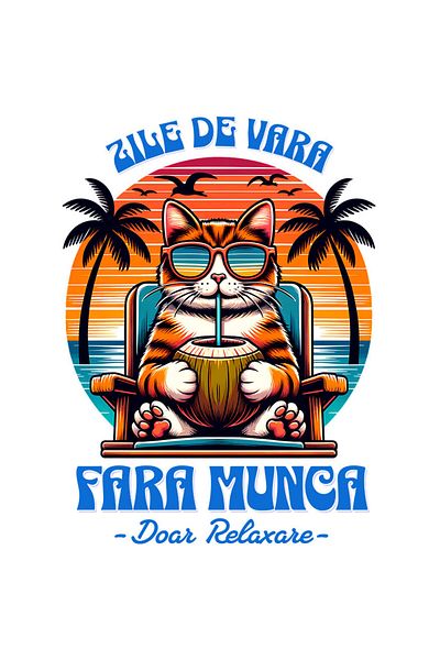 StoryGift Romania Sticker Eticheta 40CM cu Pisica Pe Sezlong Cu Nuca De Cocos, Text Zile De Vara Fara Munca Doar