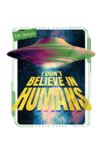 StoryGift Romania Sticker Autocolant 70CM Cu Nava Spatiala, Text I Don't Belive In Humans, Univers Infinit Necun