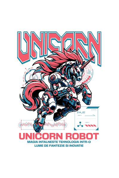 StoryGift Romania Sticker cu Unicorn Roz Robot inteligenta Artificiala Text In Limba Romana cu Margini Albe, PVC Vi