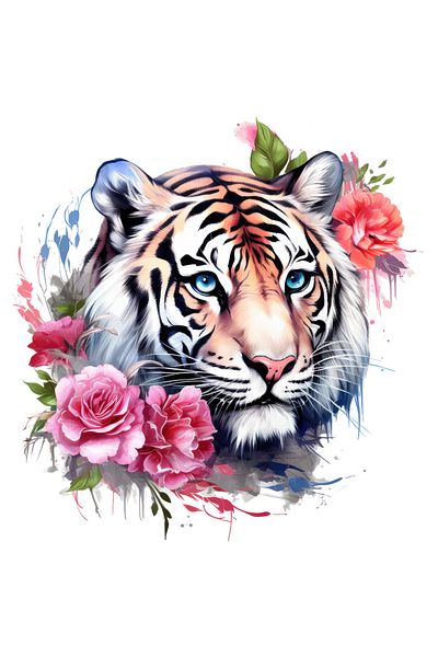 StoryGift Romania Adhesive Sticker 90CM with a serious tiger, illustration, serene, flowers, nature, plants, jungle, savannah