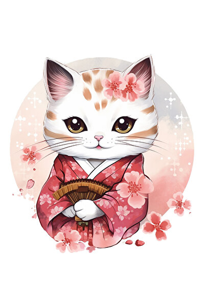 StoryGift Romania Sticker Cu O Pisicuta In Vestimentatie Traditionala Din Japonia, Cerc, Ilustratie, Flori,