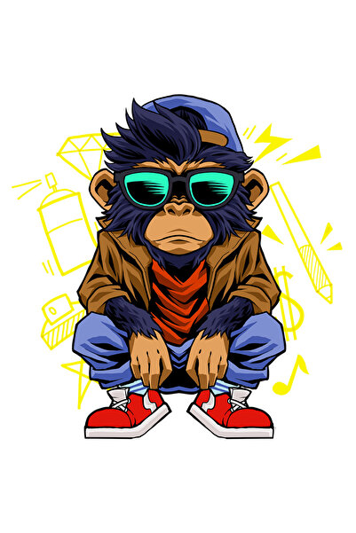 StoryGift Romania Sticker Adeziv 90CM Cu Maimuta, Sapca, Ochelari, Tenesi, cu Margini Albe, PVC Vinyl 90 cm