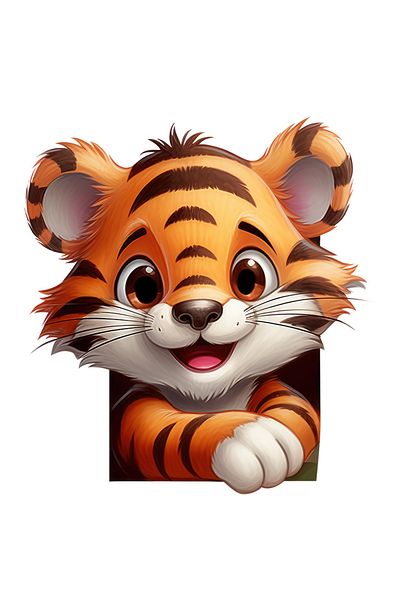 StoryGift Romania Sticker Label 40CM with a tiger cub that is happy, illustration, childhood, care, playful,