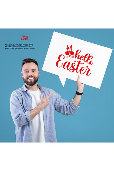 StoryGift Romania Sticker Autocolant 70CM Exterior cu iepure cu ochelari si textul "Hello, Easter" - Paste , Vin