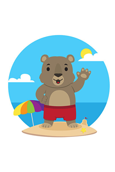 StoryGift Romania Sticker Cu Urs, Plaja, Mare, Soare, Cu Margini Albe, Pvc Vi...