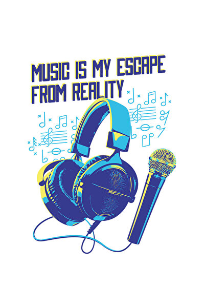 StoryGift Romania Sticker Autocolant 70CM Cu Music Is My Escape From Reality, Microfon, Casti, cu Margini Albe,