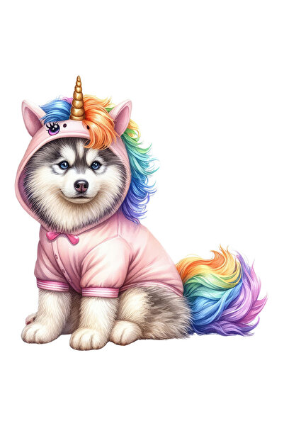 StoryGift Romania Sticker Autocolant 70CM cu un catelus Husky costumat in unicorn, ilustratie, vesel, jucaus, pe