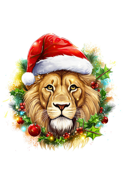 StoryGift Romania Sticker Adeziv 90CM cu un leu cu caciula de Craciun, globuri, ilustratie, frunze, coroana, sar