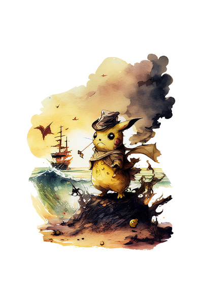 StoryGift Romania Sticker Autocolant 70CM Cu Pikachu Pirat, La Mal Tarm, Corabie Pirati Pe Mare, Pictura, Desene