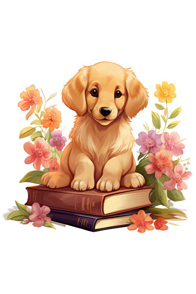 StoryGift Romania Sticker Autocolant 70CM cu un catel Golden Retriever care sta pe 2 carti inchise, ilustratie,