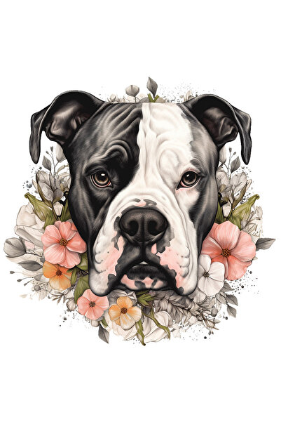 StoryGift Romania Sticker Eticheta 40CM cu un caine Boxer serios, rusinat, ilustratie, flori divers colorate, pe